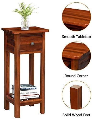 VM DECOR Small Side Table for Small Spaces, Farmhouse Acacia Wood Slim End Table, Narrow Nightstand with Drawer and Open Shelf, Small Bedside Table, No Assembly Required, 14 x 12 x 31.5 Inch