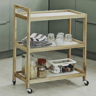 Vm decor 3-Tier Solid Wood Rolling Bar Cart Wine Serving Cart, Wheels,Utility Cart, Kitchen Storage Cart, Seasoning Rack on Wheel,for Dining Room Wine Serving Trolley (3 tier, Brown polish) (Style 17)