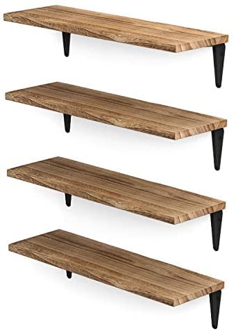 VM DECOR Floating Shelves for Wall Storage, Wood Wall Shelves for Kitchen Organization and Storage, Wall Shelf Set of 4, Burned Finish (Teak)