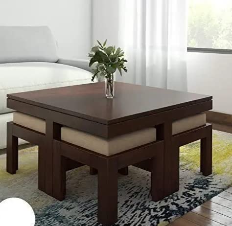 VM DECOR Craft-Center Coffee Table 4 Seater with Four Stool for Living Room | Center Coffee Table with 4 Stool Made Up with Solid Indian Sheesham Wood Mahogany Finish-L 34 x D 34 x H 18 Inch