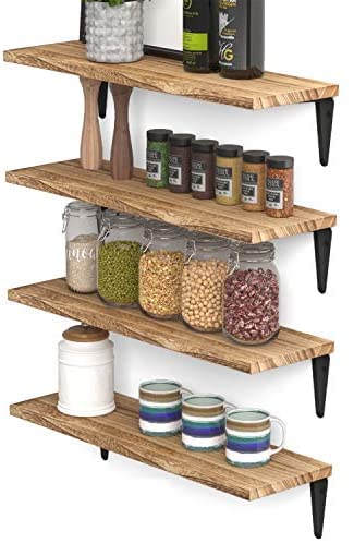 VM DECOR Floating Shelves for Wall Storage, Wood Wall Shelves for Kitchen Organization and Storage, Wall Shelf Set of 4, Burned Finish (Teak)