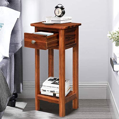 VM DECOR Small Side Table for Small Spaces, Farmhouse Acacia Wood Slim End Table, Narrow Nightstand with Drawer and Open Shelf, Small Bedside Table, No Assembly Required, 14 x 12 x 31.5 Inch