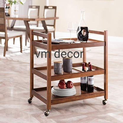 Vm decor 3-Tier Solid Wood Rolling Bar Cart Wine Serving Cart, Wheels,Utility Cart, Kitchen Storage Cart, Seasoning Rack on Wheel,for Dining Room Wine Serving Trolley (3 tier, Brown polish) (Style 17)