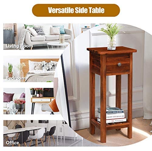 VM DECOR Small Side Table for Small Spaces, Farmhouse Acacia Wood Slim End Table, Narrow Nightstand with Drawer and Open Shelf, Small Bedside Table, No Assembly Required, 14 x 12 x 31.5 Inch