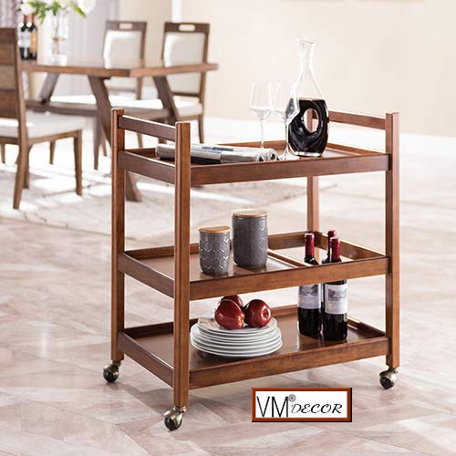 Vm decor 3-Tier Solid Wood Rolling Bar Cart Wine Serving Cart, Wheels,Utility Cart, Kitchen Storage Cart, Seasoning Rack on Wheel,for Dining Room Wine Serving Trolley (3 tier, Brown polish) (Style 17)