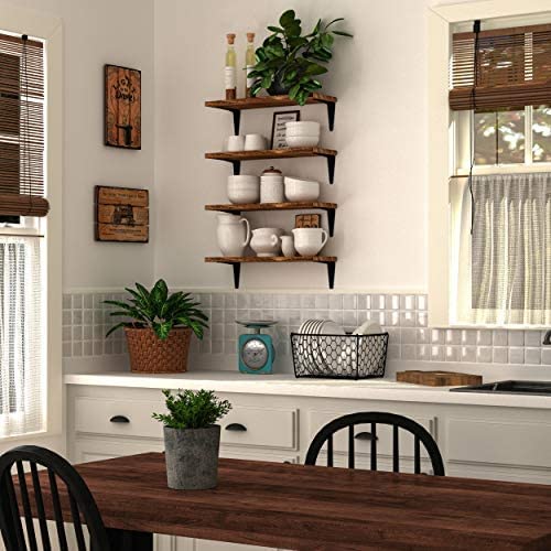 VM DECOR Floating Shelves for Wall Storage, Wood Wall Shelves for Kitchen Organization and Storage, Wall Shelf Set of 4, Burned Finish (Teak)