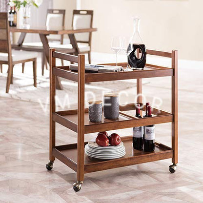 Vm decor 3-Tier Solid Wood Rolling Bar Cart Wine Serving Cart, Wheels,Utility Cart, Kitchen Storage Cart, Seasoning Rack on Wheel,for Dining Room Wine Serving Trolley (3 tier, Brown polish) (Style 17)