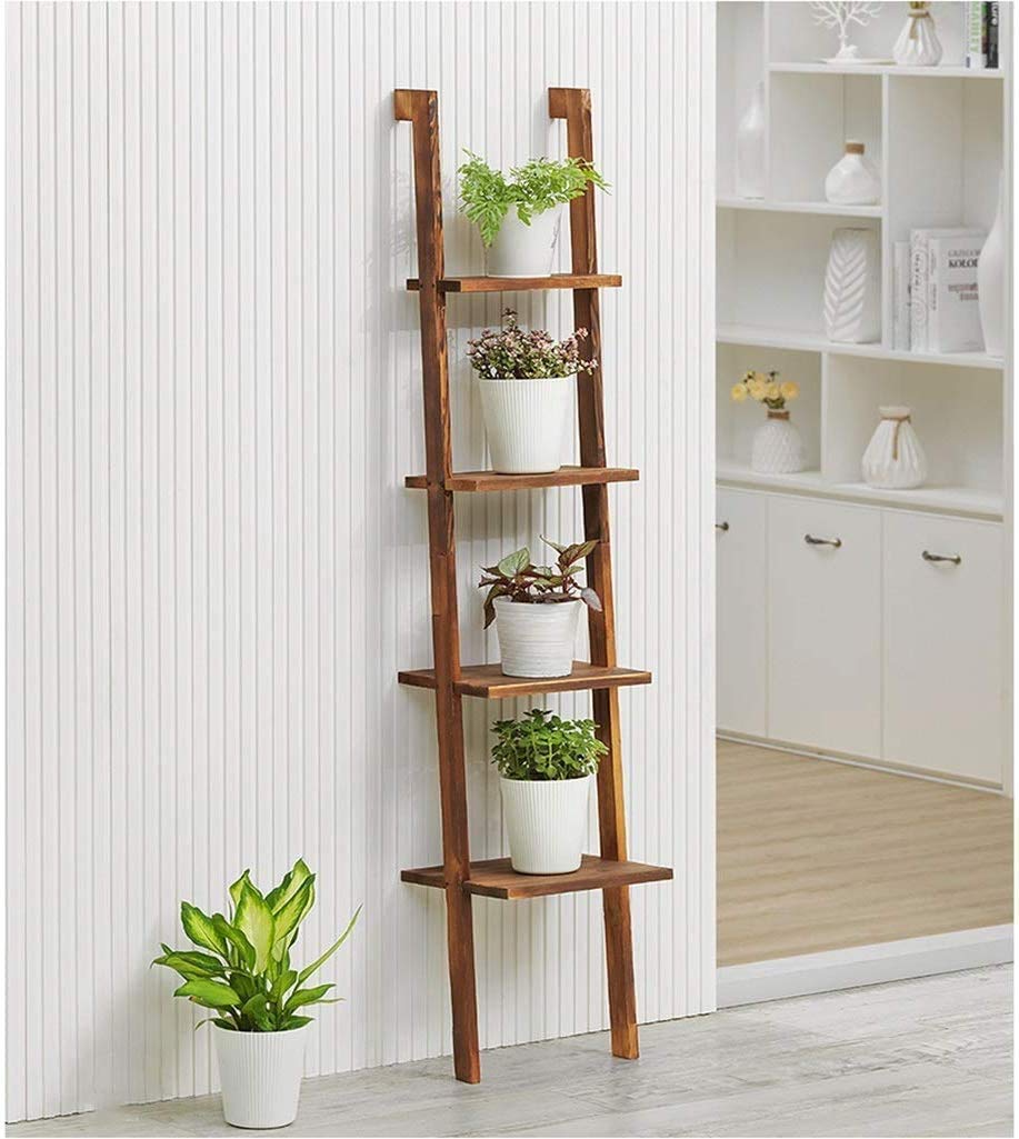 VM Decor 4-Tier Wooden Ladder Shelf - Modern Furniture for Living Room, Wooden Frame Bookcase, Plant Flower Stand, and Storage Rack Organizer with Stable Wooden Shelves