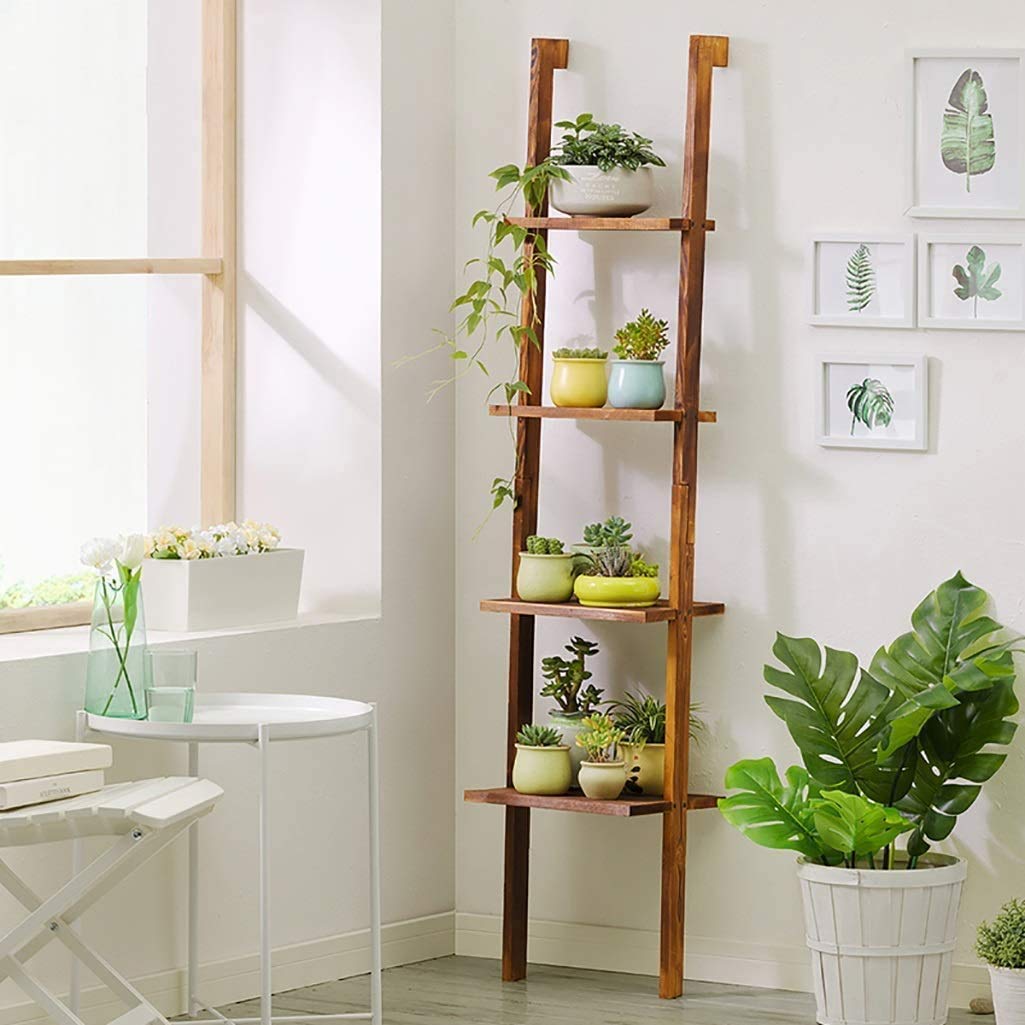 VM Decor 4-Tier Wooden Ladder Shelf - Modern Furniture for Living Room, Wooden Frame Bookcase, Plant Flower Stand, and Storage Rack Organizer with Stable Wooden Shelves