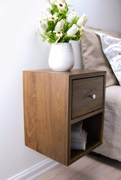 Vm decor Solid Sheesham Wood Compact Floating Nightstand with Drawer and Open Shelf/Wood Hanging Bedside Table/Scandinavian/Mid-Century/Modern