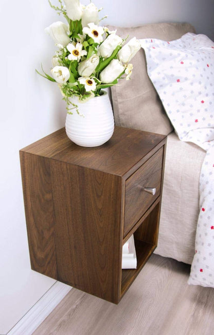 Vm decor Solid Sheesham Wood Compact Floating Nightstand with Drawer and Open Shelf/Wood Hanging Bedside Table/Scandinavian/Mid-Century/Modern