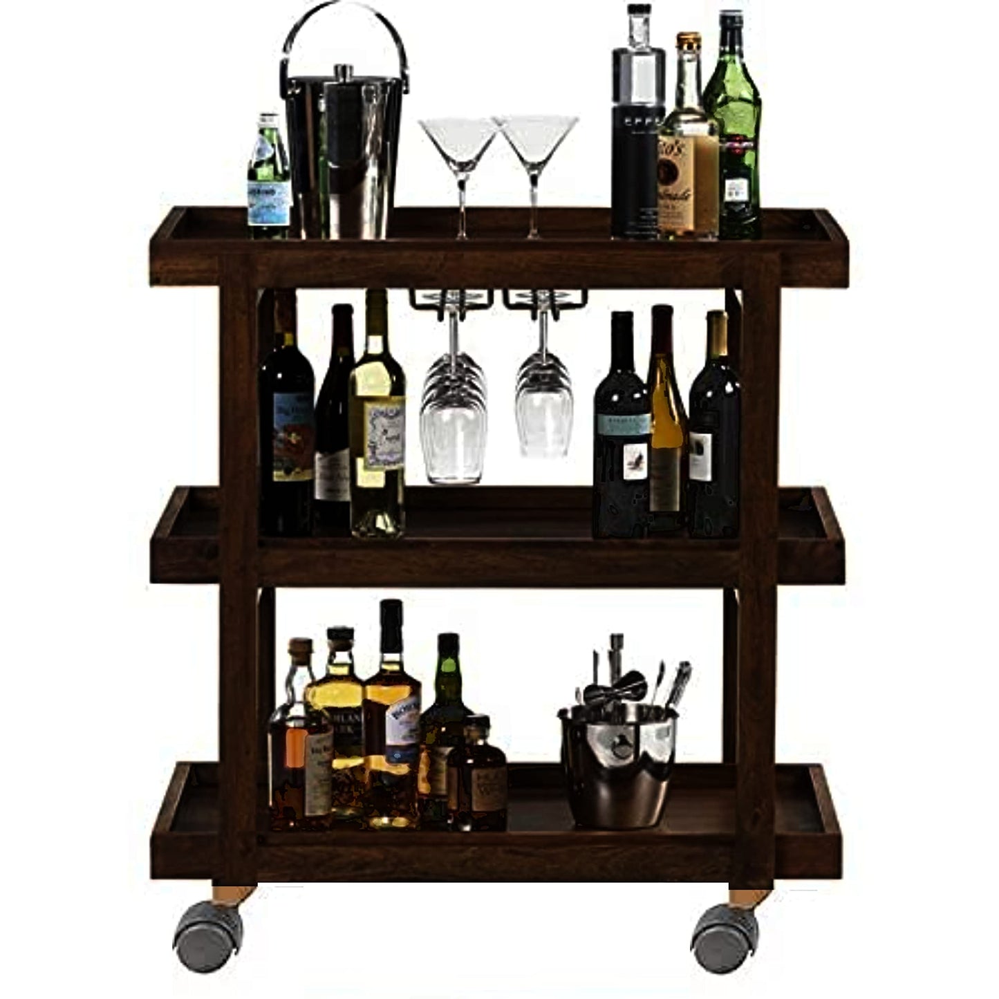 Vm decor 3-Tier Solid Wood Rolling Bar Cart Wine Serving Cart, Wheels,Utility Cart, Kitchen Storage Cart, Seasoning Rack on Wheel,for Dining Room Wine Serving Trolley (3 tier, Brown polish) (Style 17)